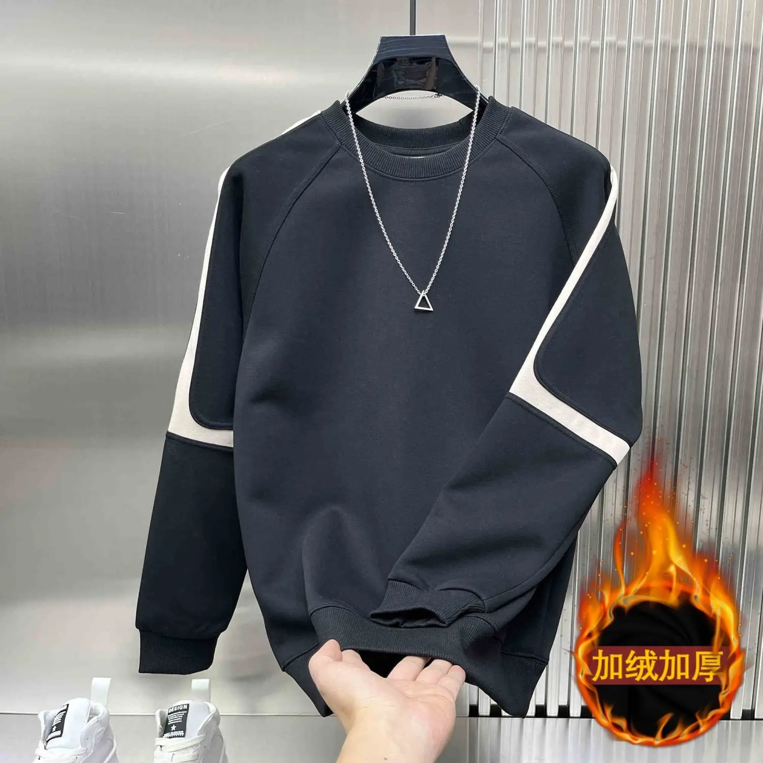 American Retro Sweatshirt Men's 2025 Autumn and Winter Plus Velvet Round Neck Long Sleeve T-shirt Pullover