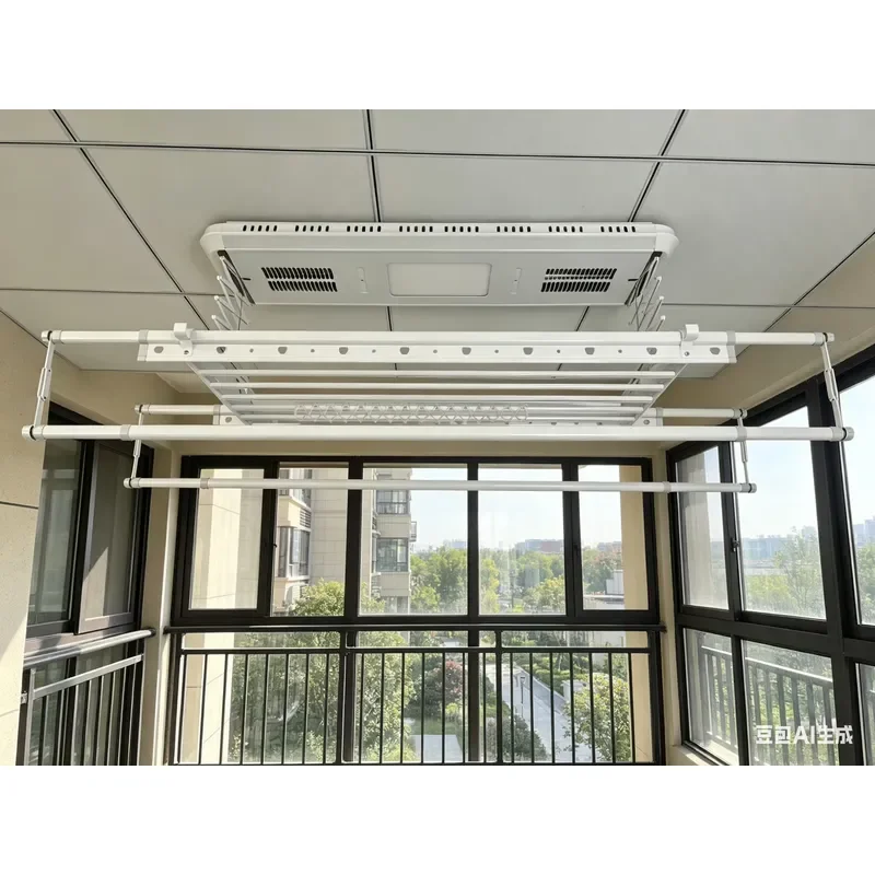 Home Aluminum Ceiling-Mounted Electronic Home Foldable Laundry Drying Rack Heating LED Lighting Remote