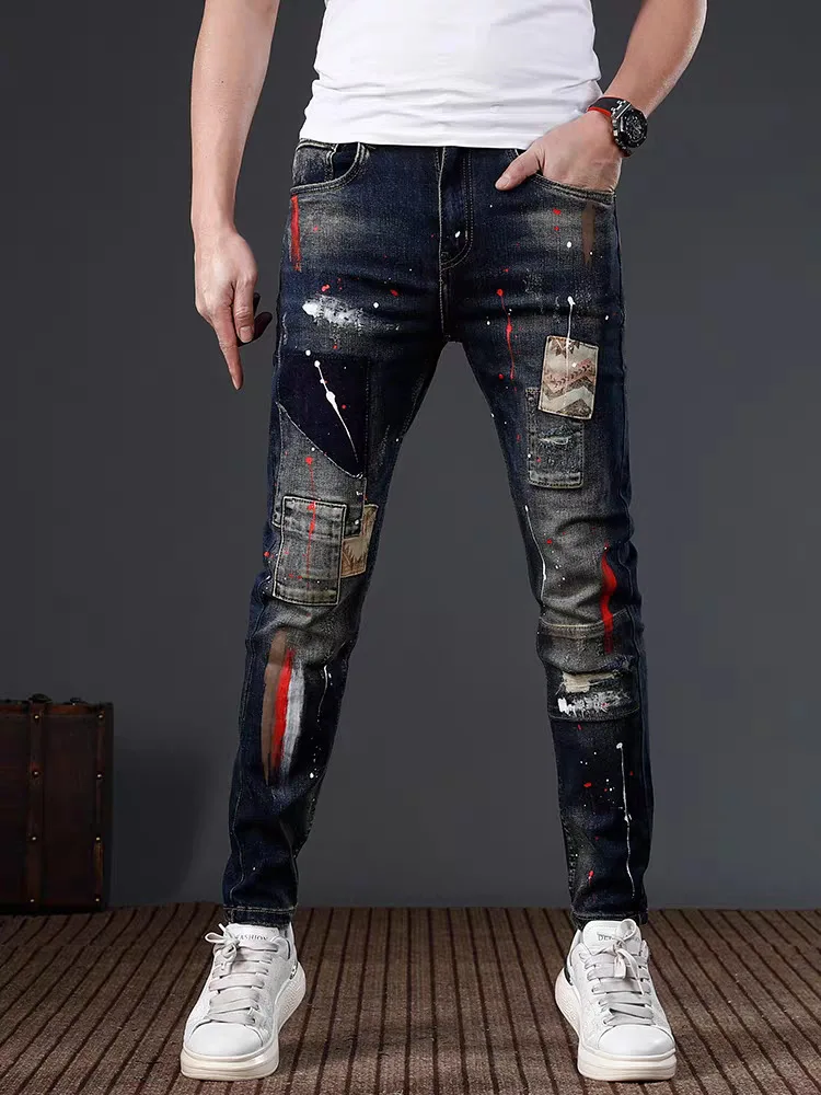 

High Street Slim Men's Blue Graffiti Dot Jeans Patches Brand Casual Spring Summer Luxury Solid Designer Clothes Jeans for Men