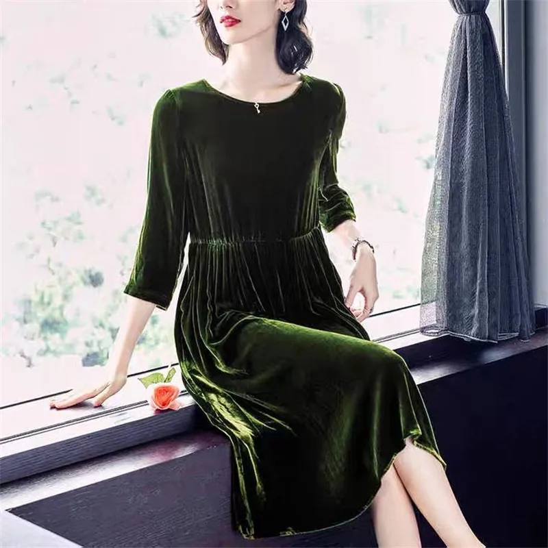 New Velvet Dresses for Women 2025 Spring Autumn Vintage Pleated Velour Party Dress Three Quarter Sleeve Dress Simple Vestidos