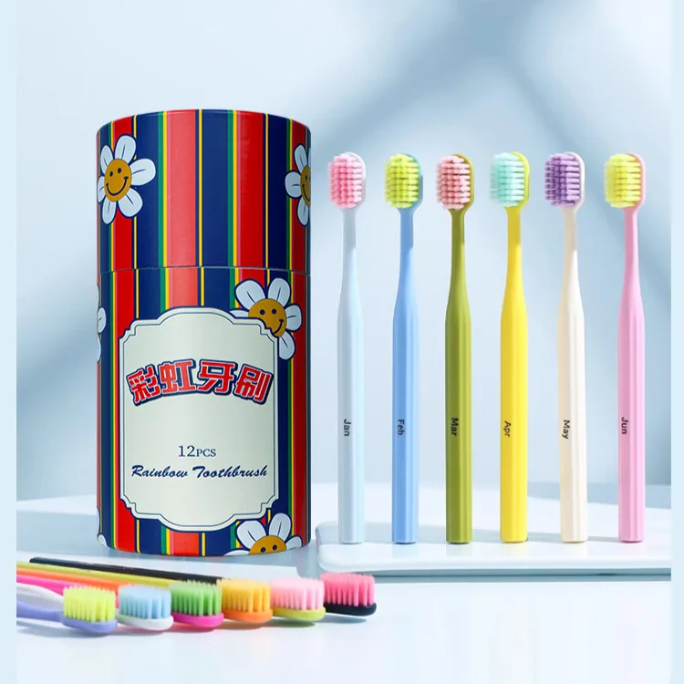 12 Pcs Rainbow Toothbrush Family Bucket Soft Bristle Premium Toothbrush