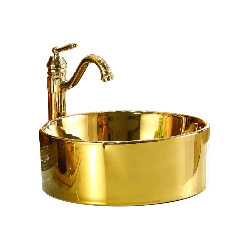 

European-style gold table wash basin, ceramic art basin for home use, gold round table basin