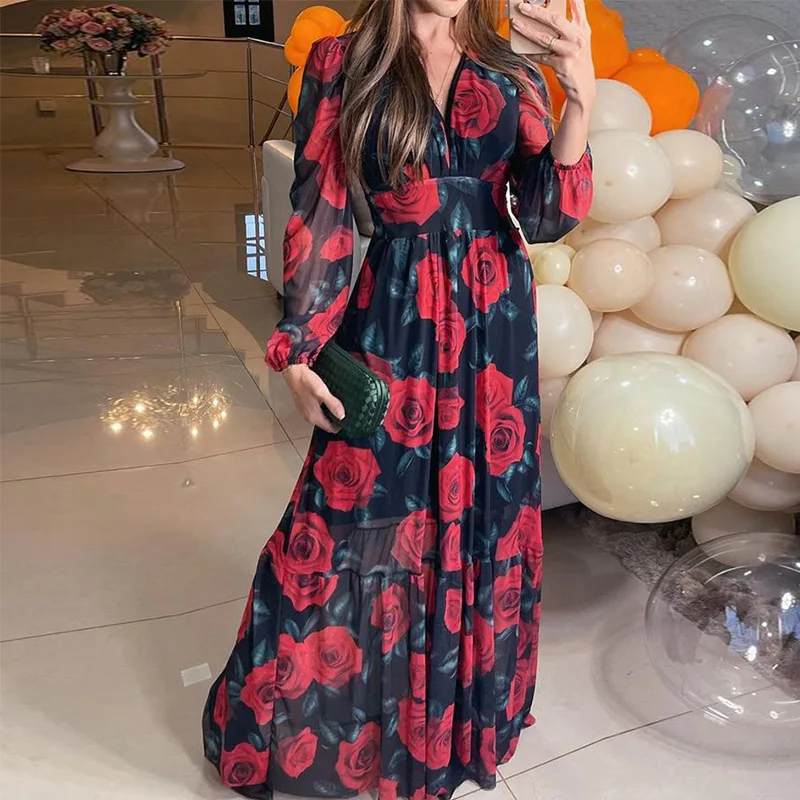 Women\'s Vacation Dress 2024 Summer Latest Elegant Beautiful Long sleeved V-neck Rose Print Fashion Chiffon High Waist Long Skirt