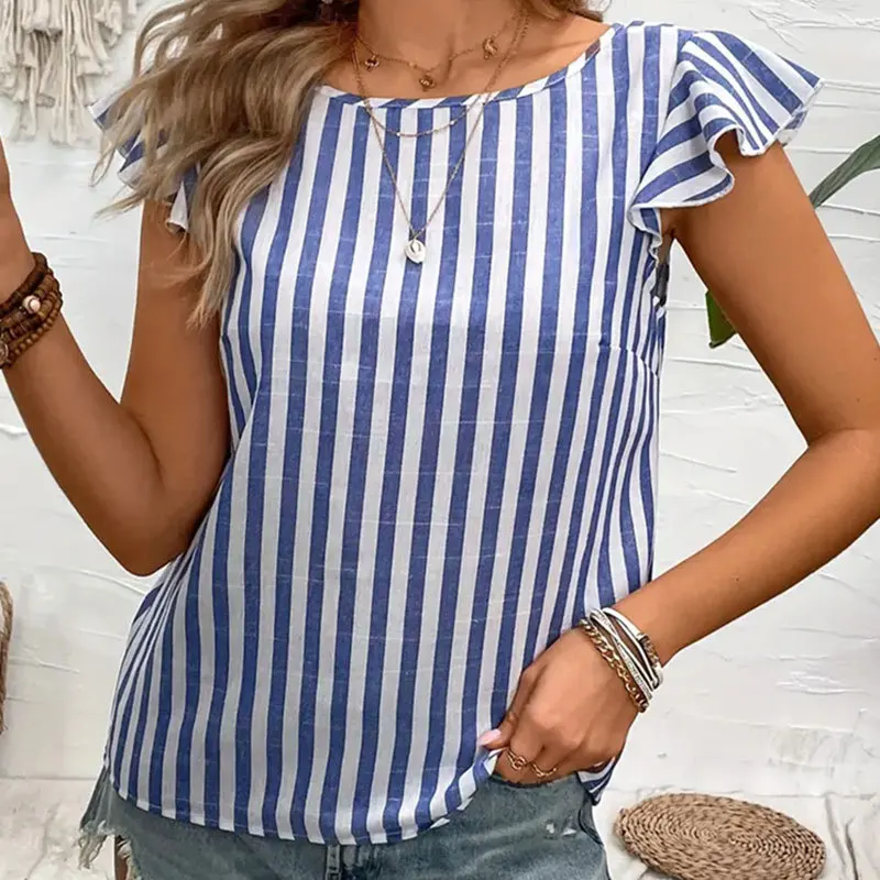 

Women'S Striped V-Neck Back Button Decoration Flying Sleeve Sleeveless Top Women'S Loose T-Shirt