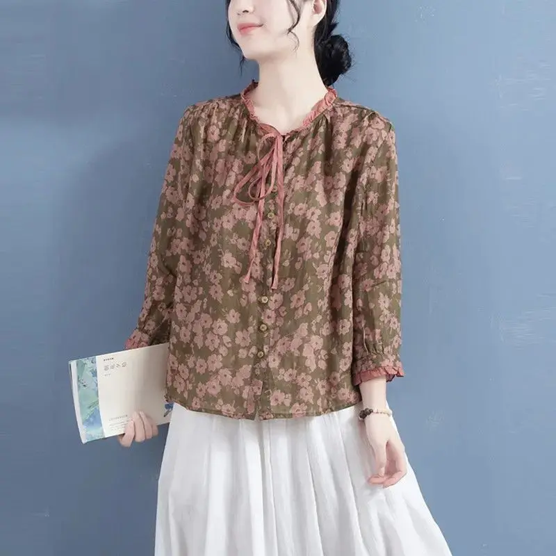 

Spring New Round Neck Drawstring Ruffles Cardigan Button Shirts Women's Chinese Style Retro Loose Printing 9/4 Sleeve Thin Tops