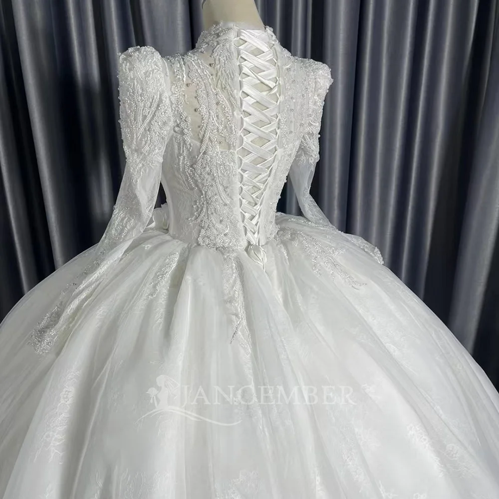 Long Sleeve Affordable Beach Wedding Dresses High Neck Robes Customized Lace Up Back Country Bridal Gowns Vestidos de novia