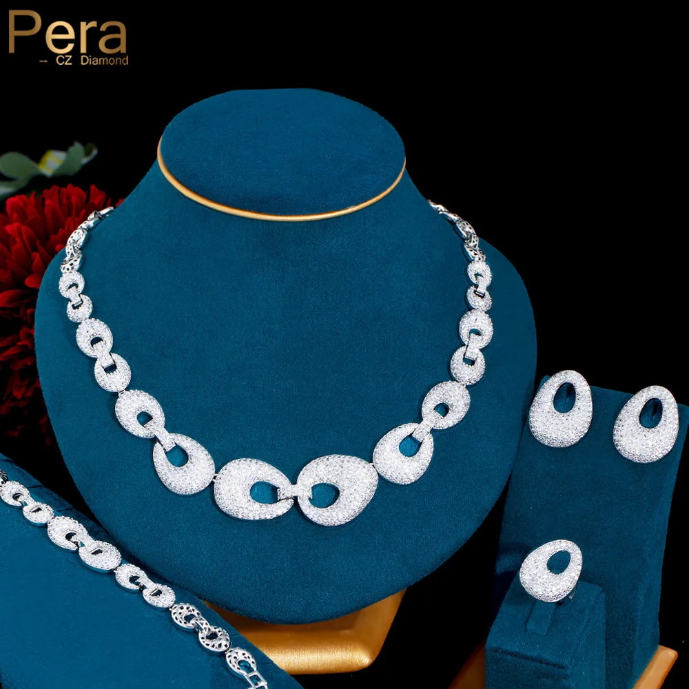 Pera Gorgeous White Cubic Zirconia Brazilian Gold Colour Choker Necklace Earrings 4Pcs Wedding Jewelry Sets for Brides J057