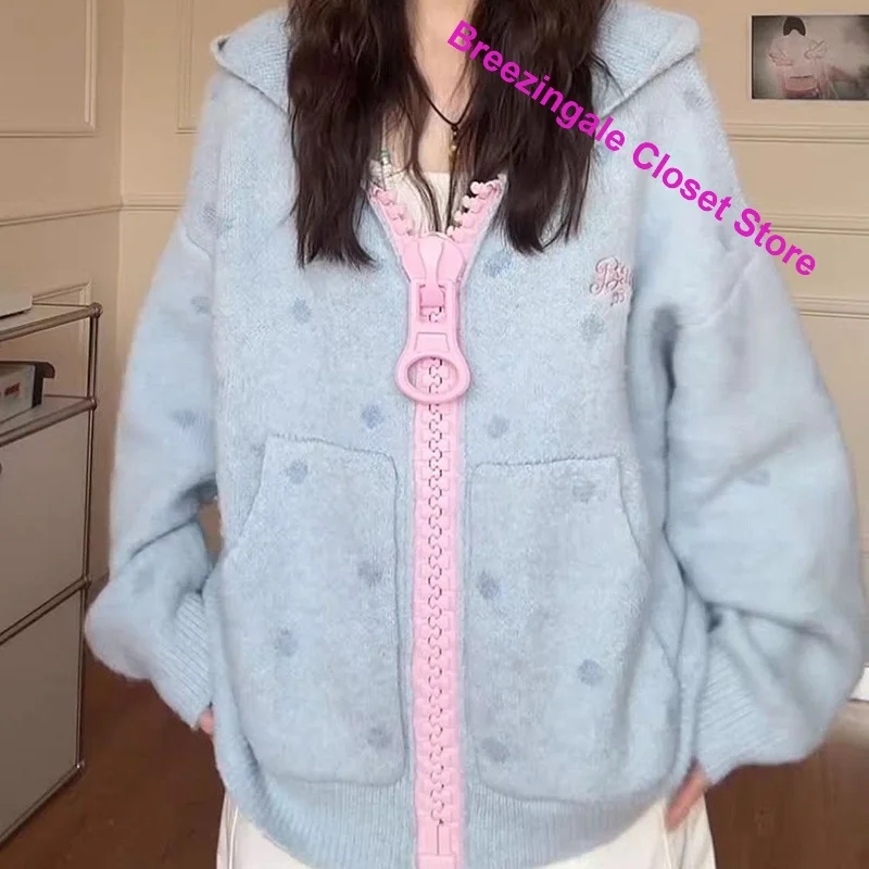 American Retro Hooded Zipper Polka-dot Contrast Sweater Women's Autumn and Winter New Loose Casual Hoodie Casual Joker Coat Top 3
