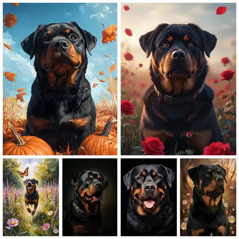 Dog-themed 5D Diamond Art Painting Cute Rottweiler and Flowers DIY Diamond Embroidery Modern Warm Home Decor Room Decor Stress-relieving Crafts