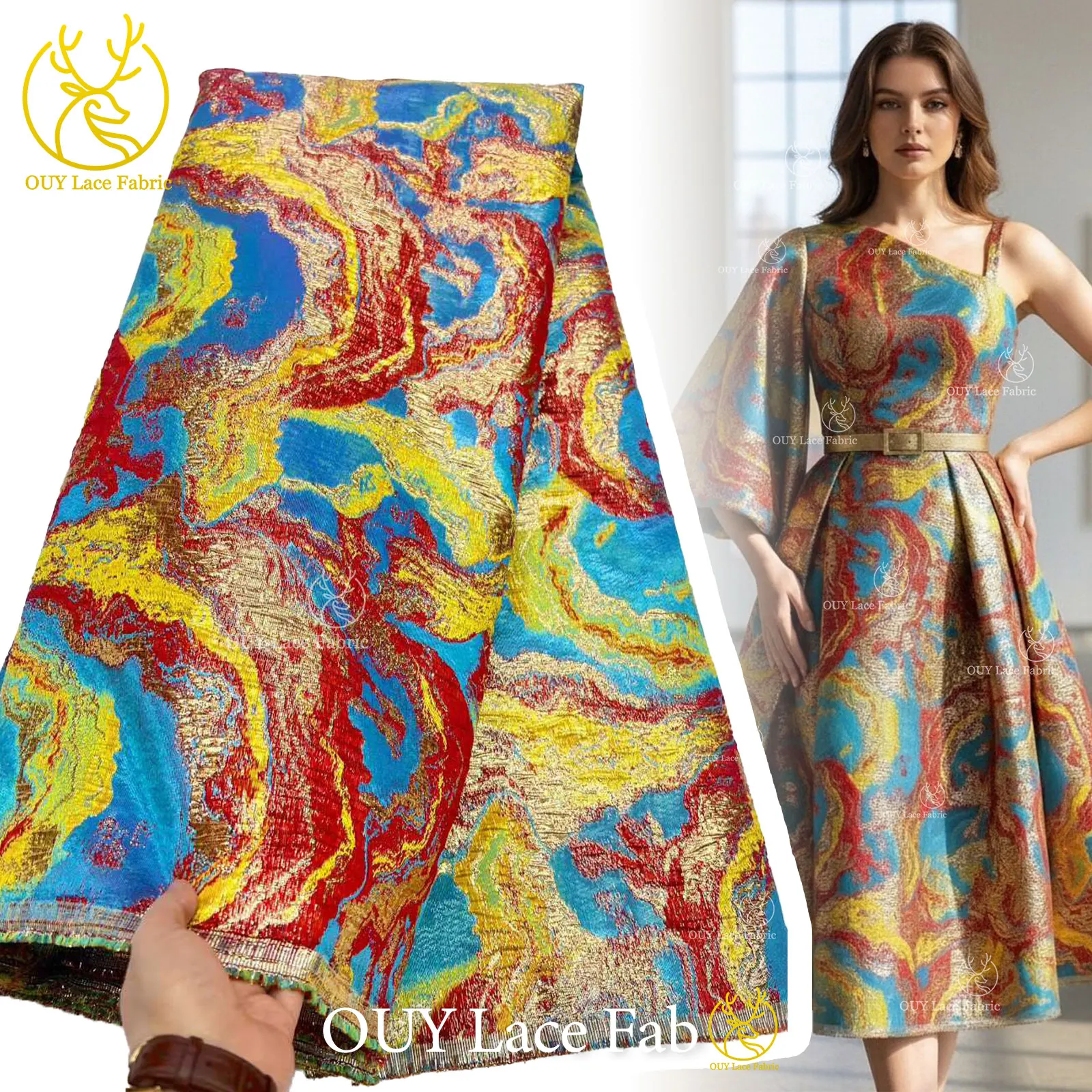 ผ้าลูกไม้ลายแจ็คการ์ดแฟชั่น ผ้าแจ็คการ์ดสไตล์แอฟริกันฝรั่งเศส ดีไซน์ใหม่ปี 2026 สำหรับตัดเย็บชุดเดรสงานเลี้ยงสังสรรค์สำหรับสุภาพสตรี 5 หลา