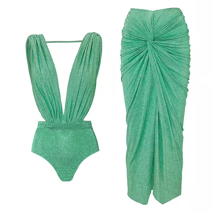 

2024 New green Halter One piece Swimsuit set Shiny Texture Pleated Women Swimwear Beachwear bathingsuit