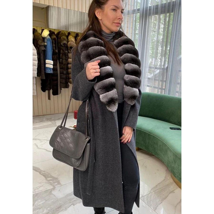 Natural Wool Winter Jacket For Women Cashmere Coat With Rabbit Fur Collar 2024 New Arrivals  Fur Coats