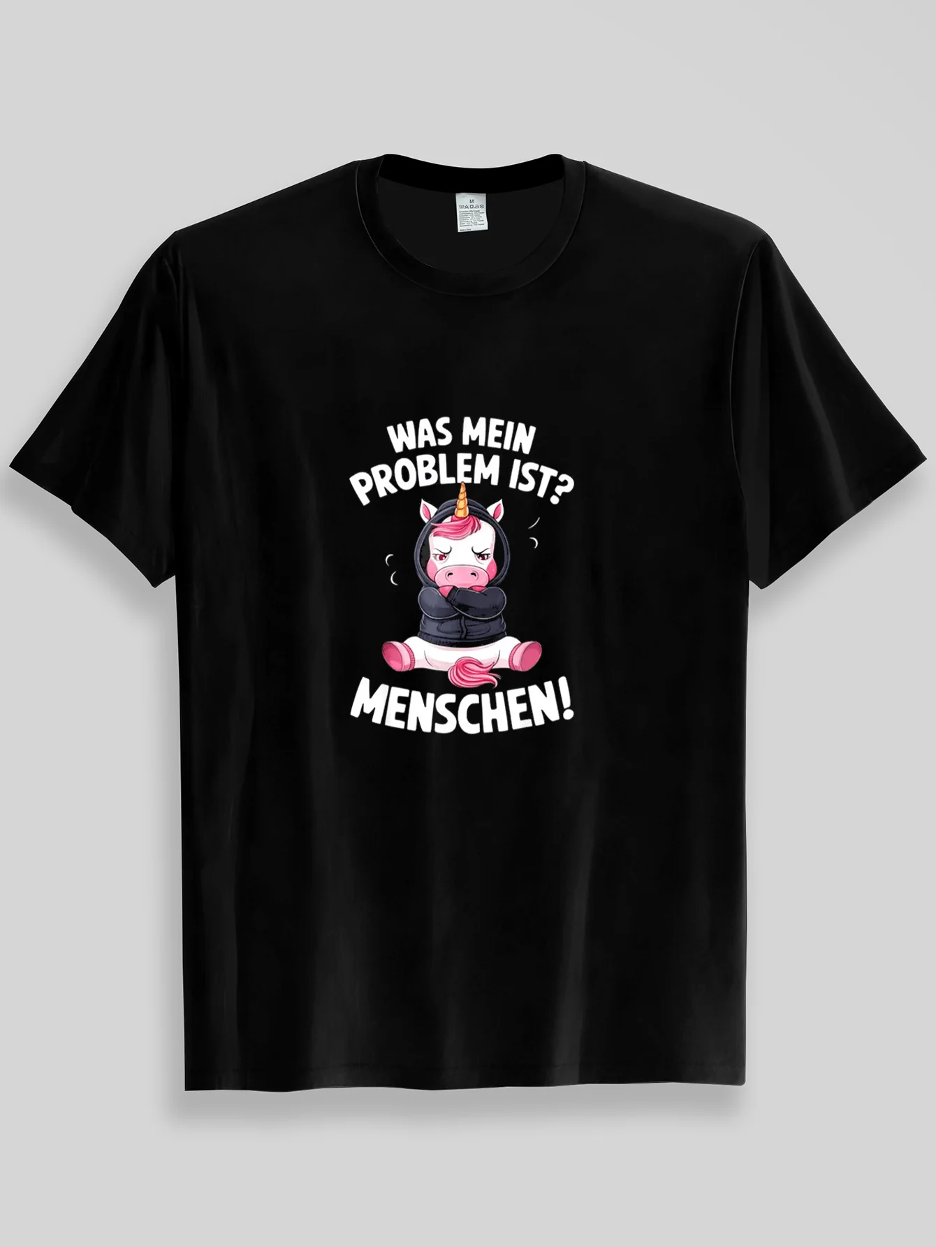 Men' Women' German Was Mein Problem Ist Menschen Angry Unicorn T-Shirt - Funny Sarcastic German Text Print, Casual Round Neck Tee Suitable for Gifts, Humorous Casual Attire with Unicorn