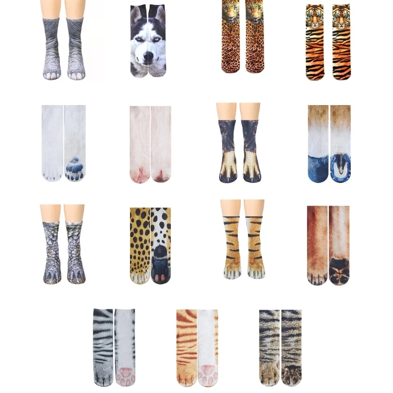 

New Adult Men Women Funny Animal Paws Socks Simulation for Cat Dog Leopard Claws 3D Printed Novelty Tube