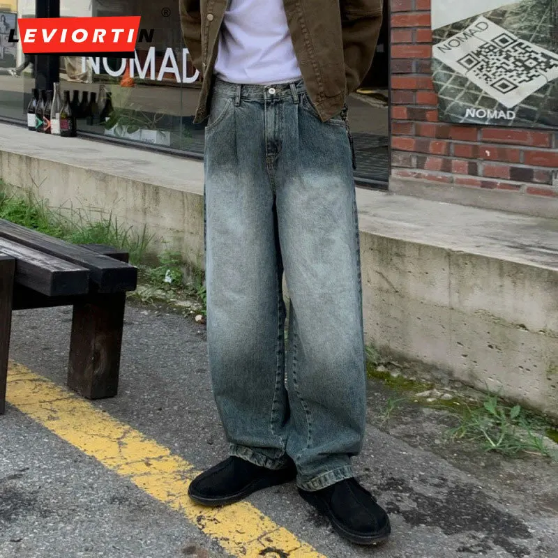 Korean style trendy retro gradient color pocket straight tube slimming jeans men's 2024 spring new loose wide leg pants M-2XL