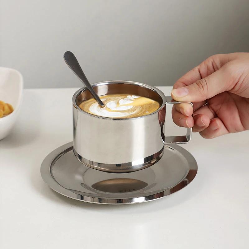 180ml / 200ml Coffee Cup Double Layer Hot Resistant Coffee Cup Set Stainless Steel Tea Cup With Plate and Spoon