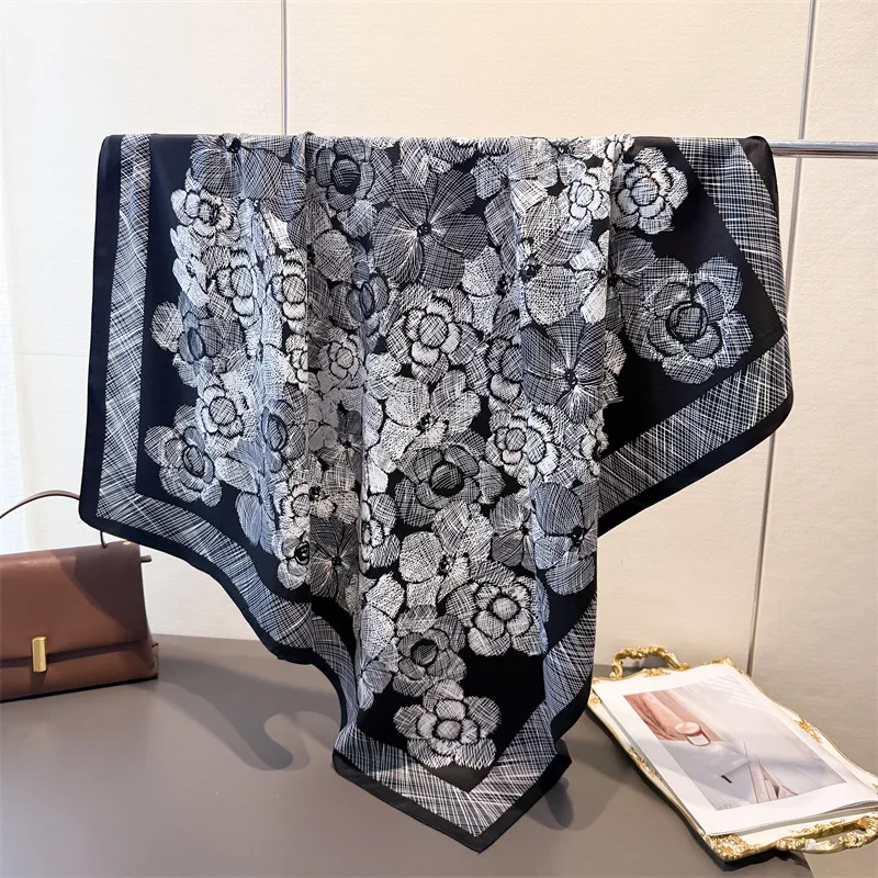 

90 см роскошный дизайн с цветочным принтом женская шелковая саржевая бандана с пятнами шаль большой квадратный воротник модный женский носовой платок платок