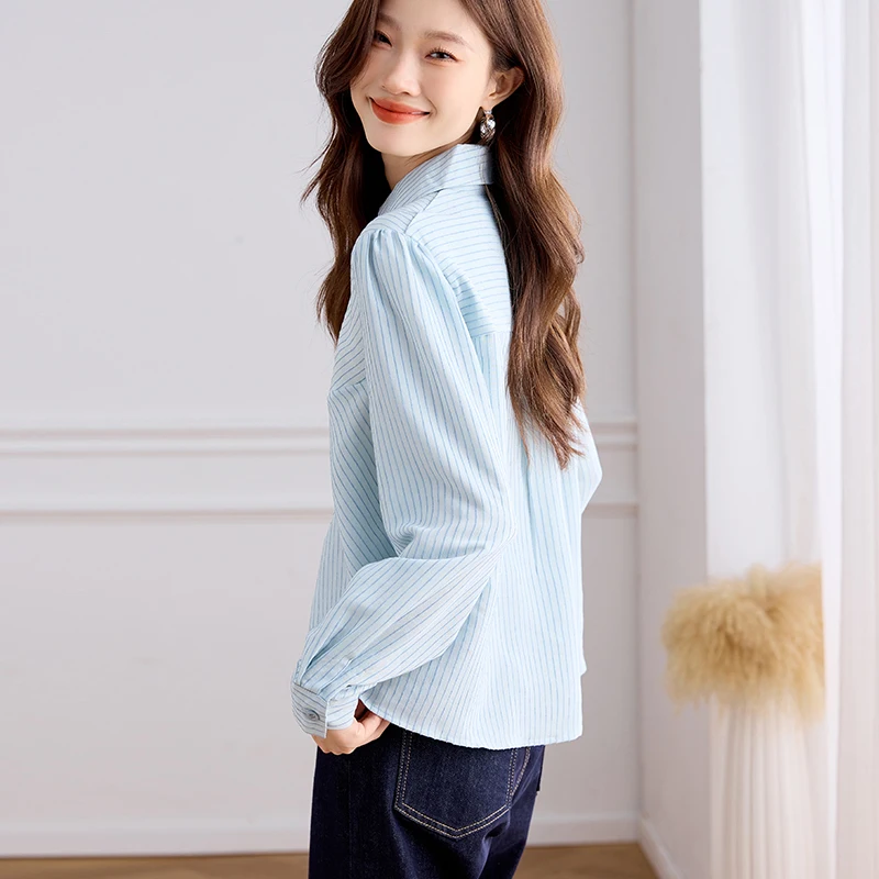 2025 Spring Autumn Women Blouse Lapel Stripe Women's Clothing Fashion Single Breasted Long Sleeves Blouses Straight Women Shirts