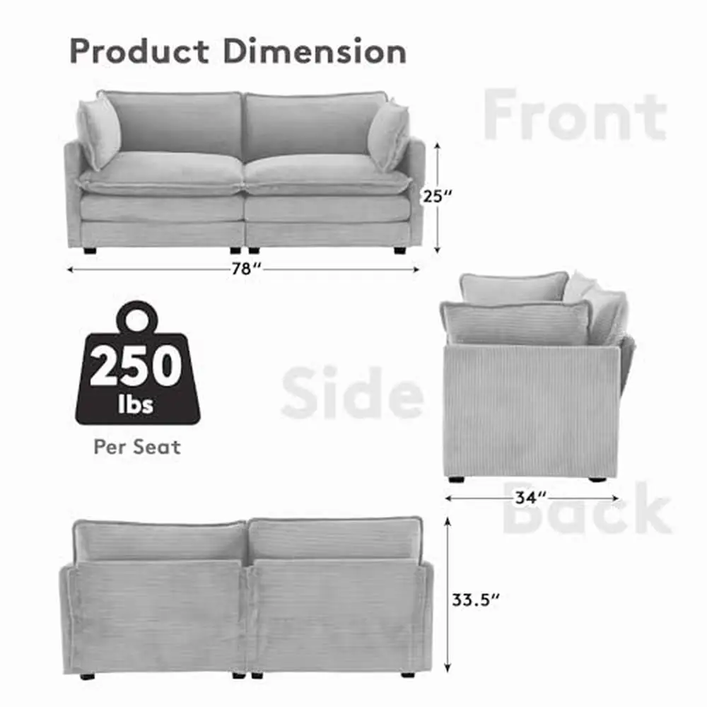 Modern Corduroy Fabric 2-Seater Loveseat Couch Convertible Sectional Sofa Set Living Room Easy Assembly Durable & Comfortable