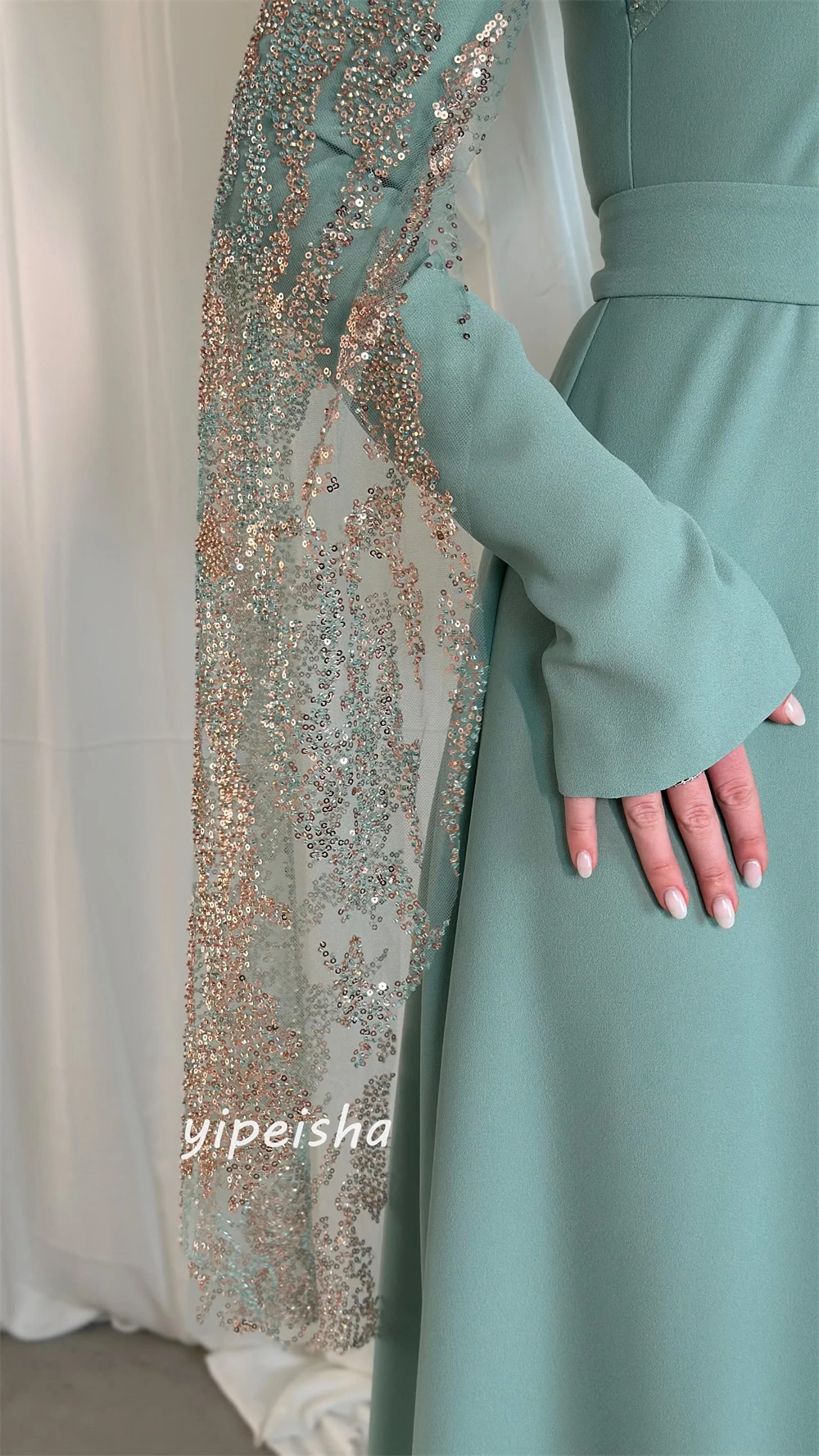 Jiayigong Sparkle Exquisite  Evening Jersey Draped Beading Clubbing A-line High Collar Bespoke Occasion Gown Long Dresses