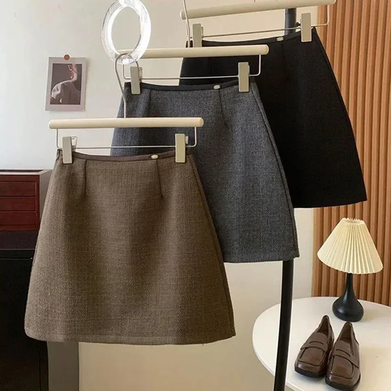 Fashion Faux Woolen Women Mini Skirt Winter Thick High Waist Preppy A Line Skirt Y2K Korean Streetwear Casual Lady Tweed Skirt