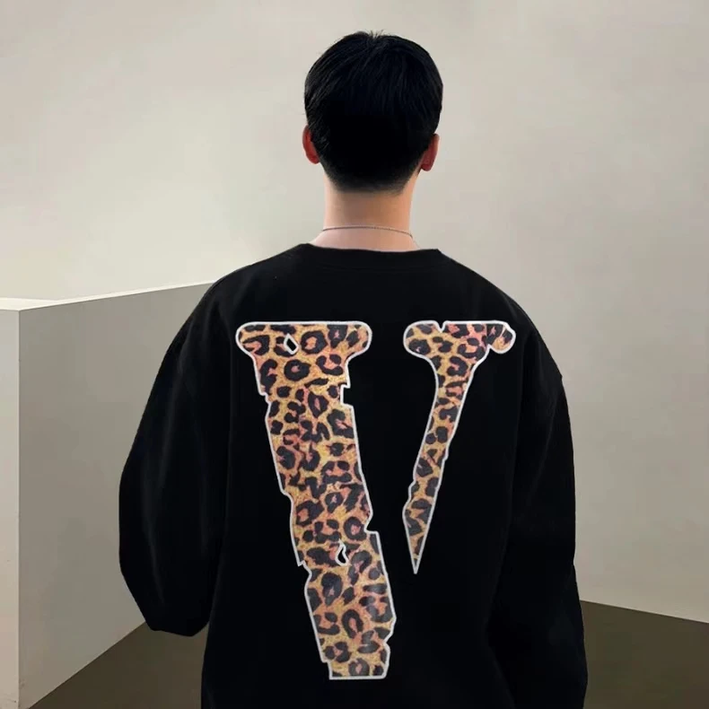 

VE CRAZY Leopard Print Big V Niche Trendy Brand American Autumn and Winter Plus Velvet Loose Men's Couple Round Neck Sweatshirt