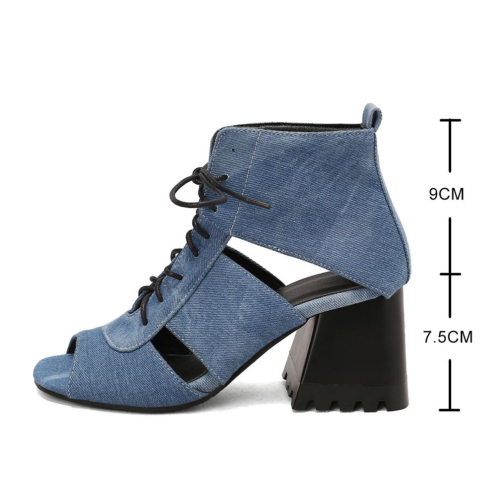 Fashion Peep Toe Ankle Boots For Women Sandals Shoe Sexy Denim High Heels Platform 2023 Summer Women Leopard Lace Up Shoes 41 42