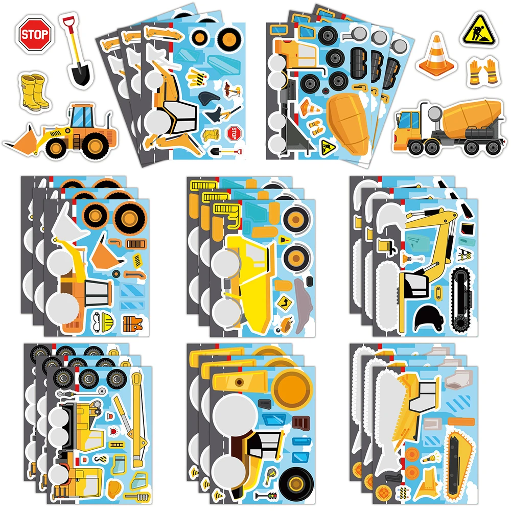 8/16 Blatt Puzzle-Aufkleber „Make Your Engineering Vehicles“ für Kinder, Kleinkinder, Kinder, Bau-LKW-Puzzle-Aufkleber, Geburtstag