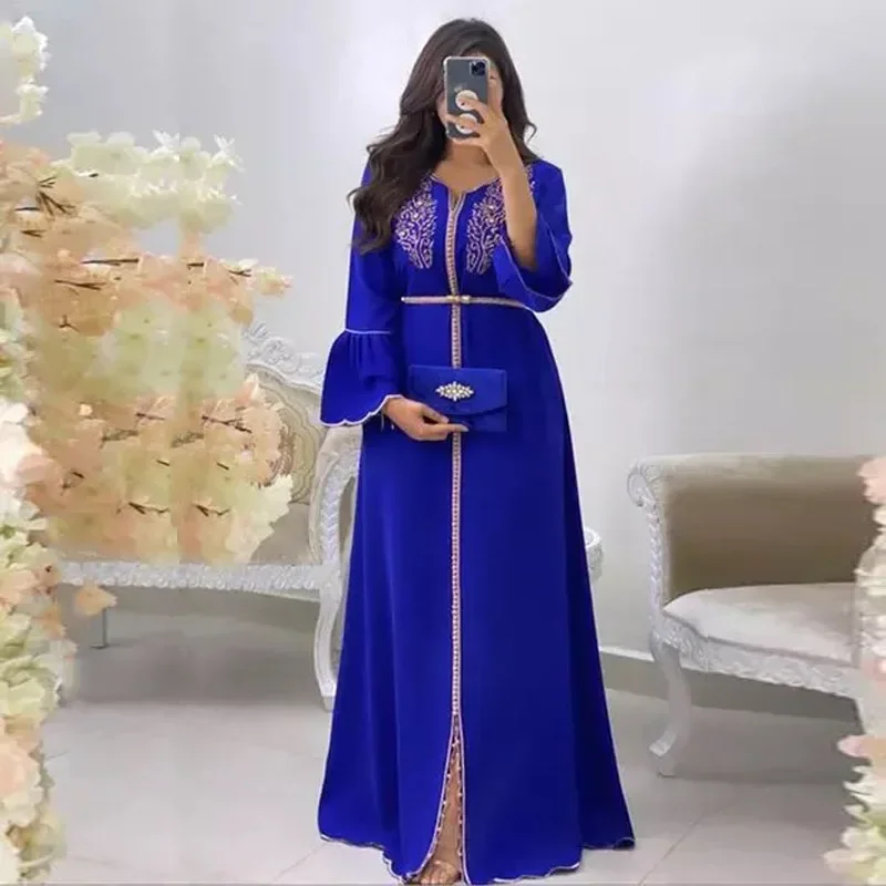 Vestido feminino com gola v babados manga pérola, Abaya muçulmana elegante, roupeiro kaftan marroquino, kaftan islâmico, vestidos de Dubai, vestido