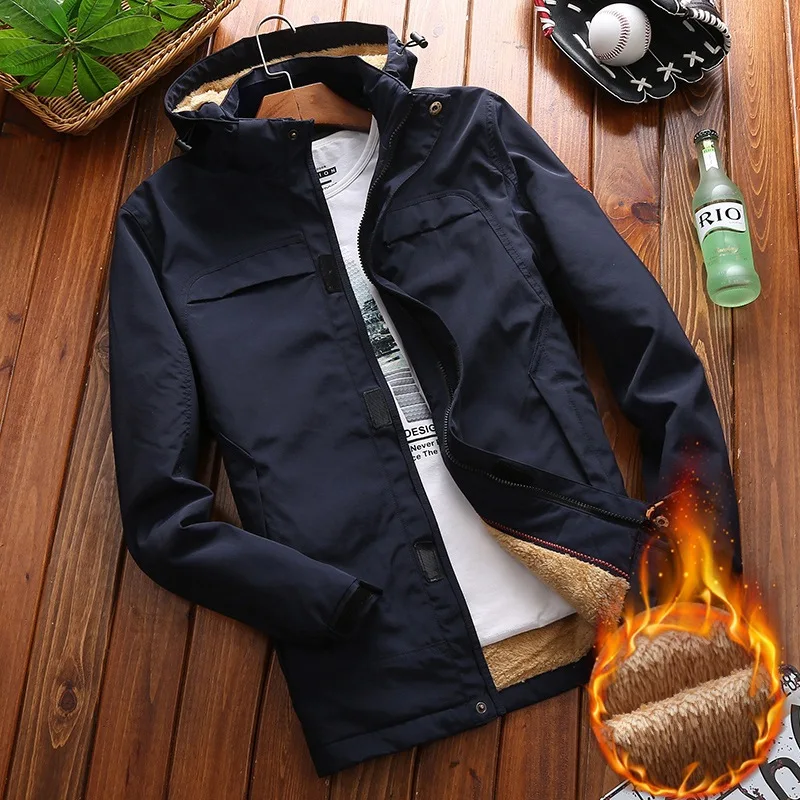 Autumn And Winter New Thickened Outdoor Men's Stand-up Collar Hooded Jacket Winter Velvet Tooling Large Size Top Coat