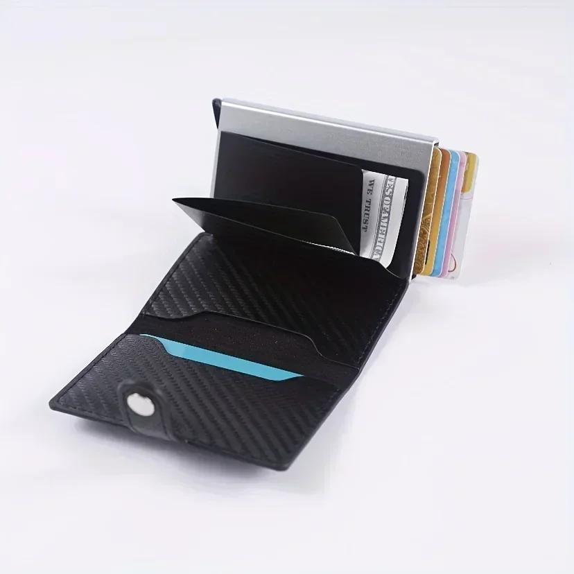 Kreditkartenetui aus Kohlefaser für Herren, RFID-Schutz, Smart Metal, dünn, schlank, Pop-Up, minimalistisches Portemonnaie, kleine schwarze Geldbörse, Metallgeldbörsen – Detail 17