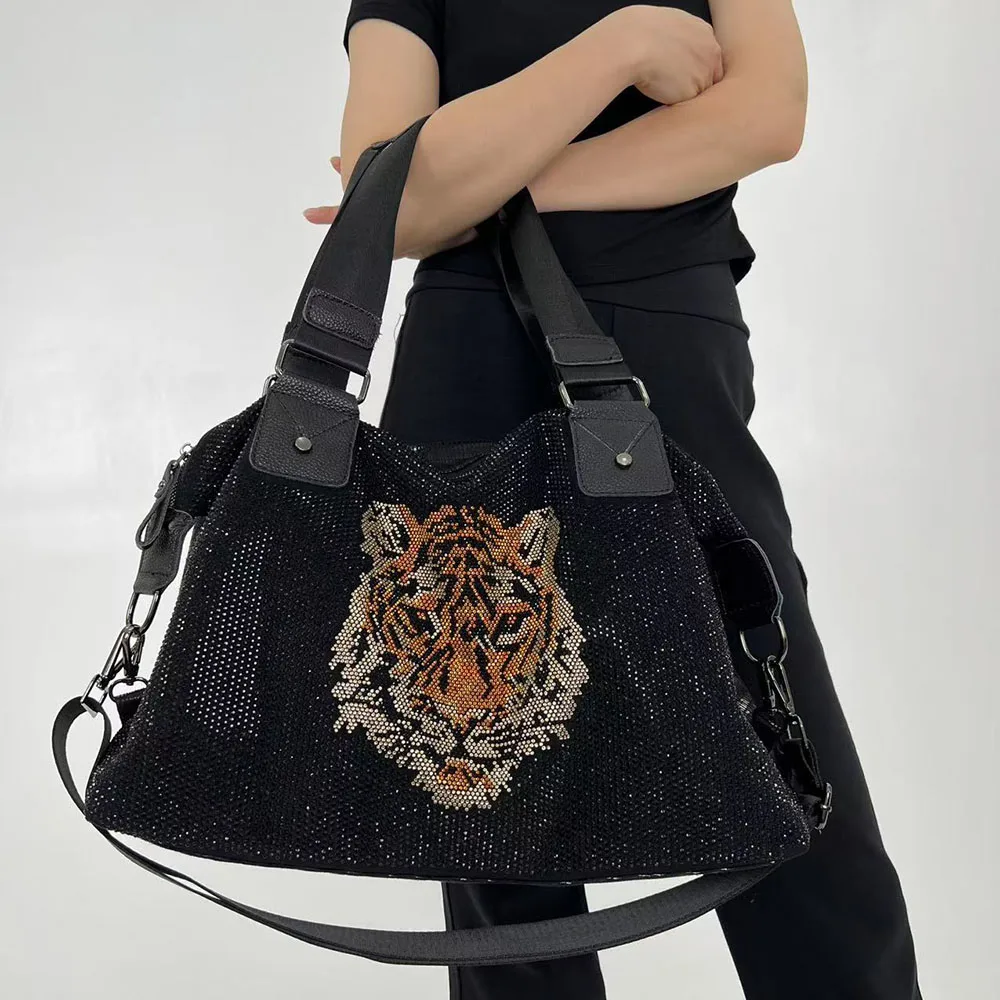 Tiger Pattern Bright Diamond Women's Bag Large Capacity Tote Bags Vintage Shoulder Bags Strap Casual Crossbody Bags for Women