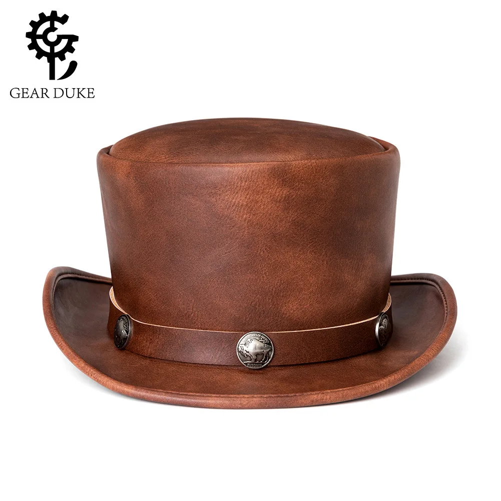 

Gothic Punk Halloween Top Hat - Industrial Retro PU Leather Round Crown Unisex Magic Hat for Steampunk Party