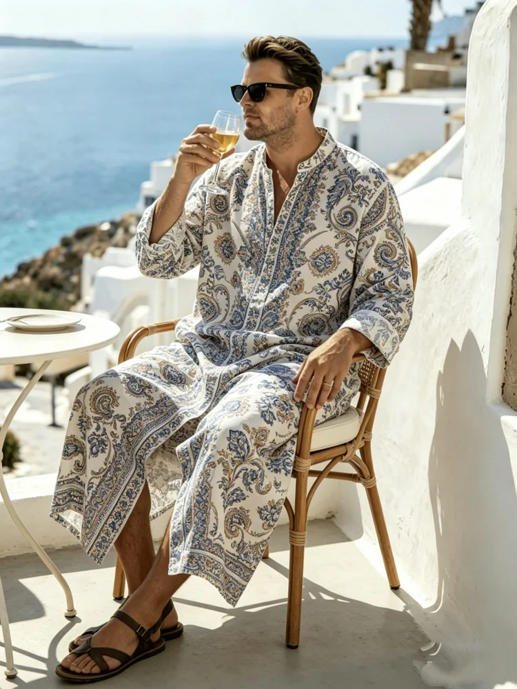 Men's Plus Size Retro European Floral Paisley Print Stand Collar Long Shirt Loose Oversized
