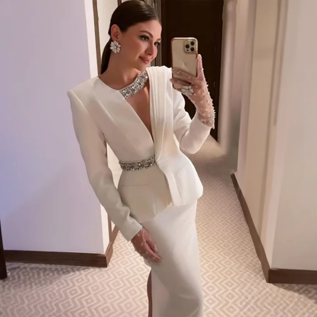 Two Piece Rhinestone Evening Dresses Women's V Neck Long Sleeves Formal Prom Dresse Elegant Side Split Party Gown Robes De 2025