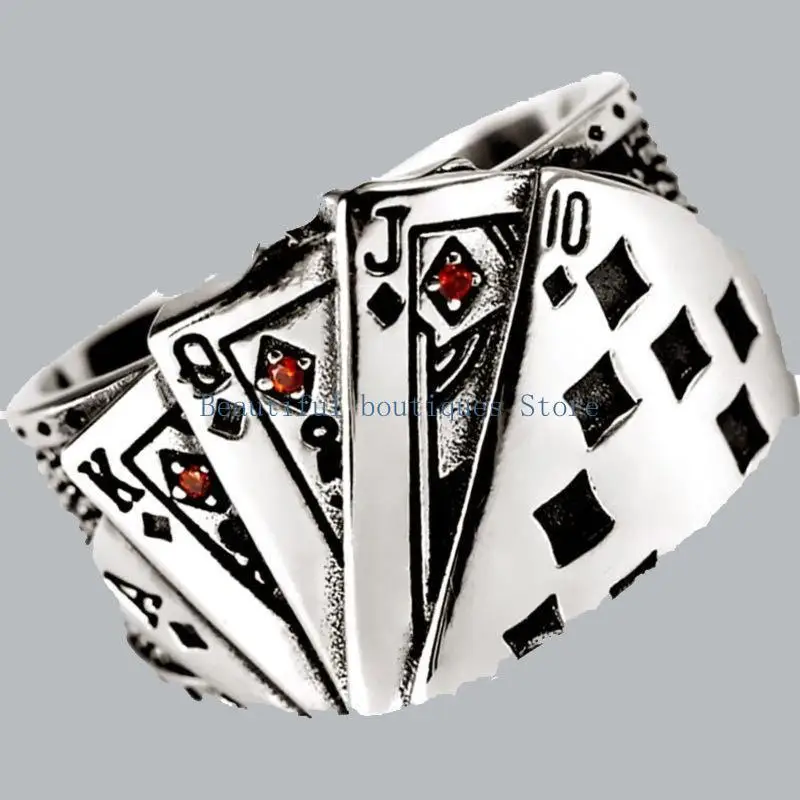 U4LF Poker Games Ring Playing Cards Statement Open Band Ring Vintage Gambling Punk Jewelry Adjustable for Women Men
