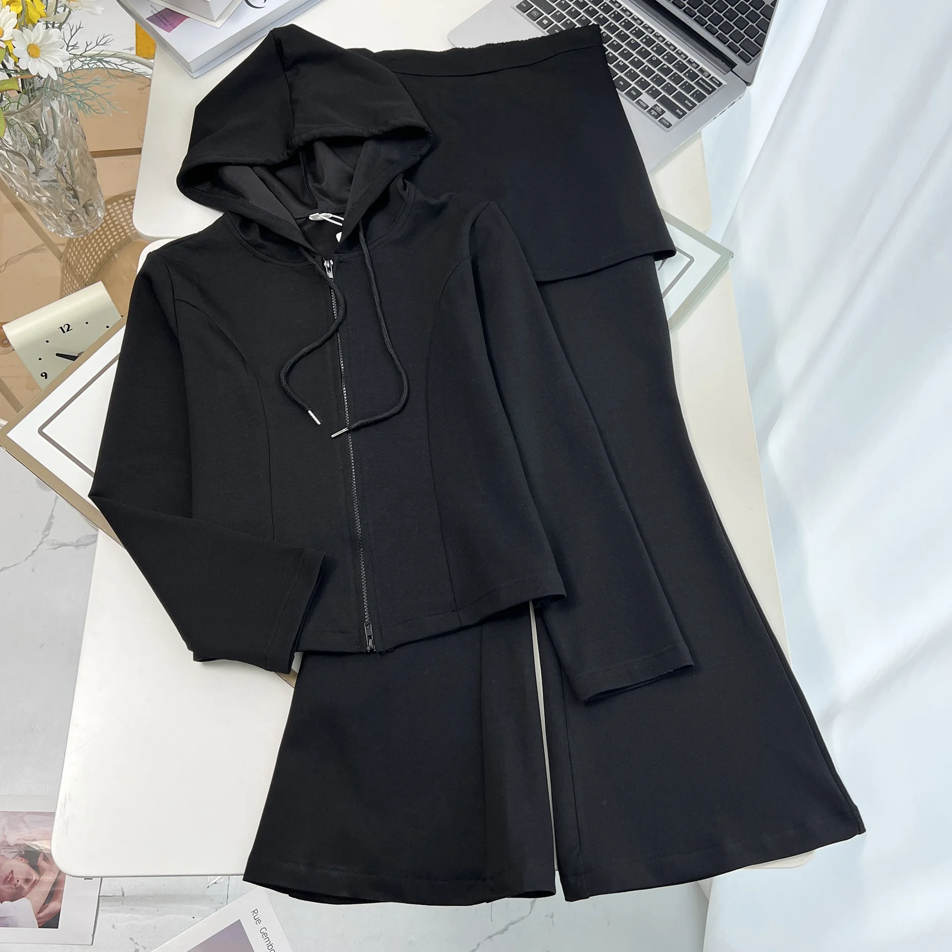 XXXXL Mode Plus Size Damessets Casual Herfst Capuchon Rits Top En Uitlopende Lange Broek Tweedelige Set