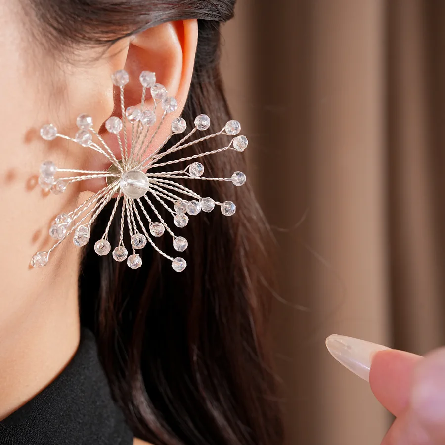 DOO MEI Handmade Crystal Firework Dangle Earrings for Glamorous Bridal Wedding Banquet Evening  Fashion Jewelry Gift for Ladies