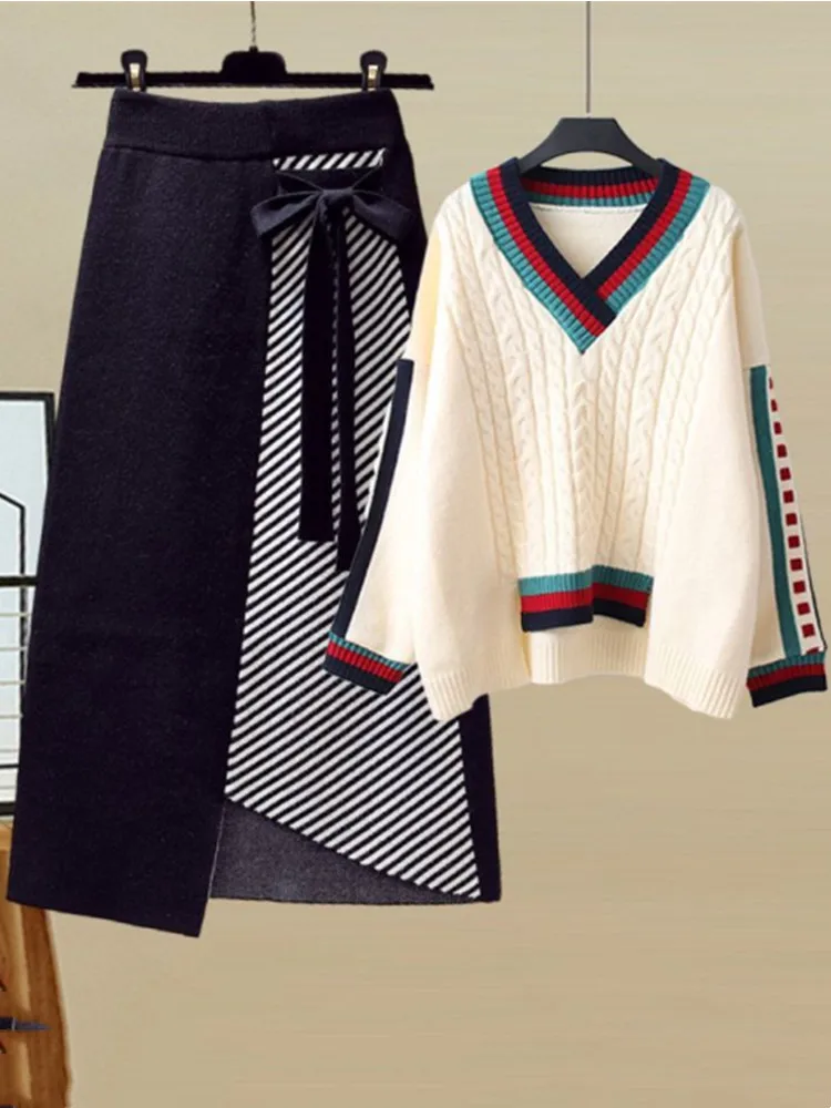 Large size women's autumn set Korean version new loose V-neck sweater+fashionable striped knitted skirt two-piece set