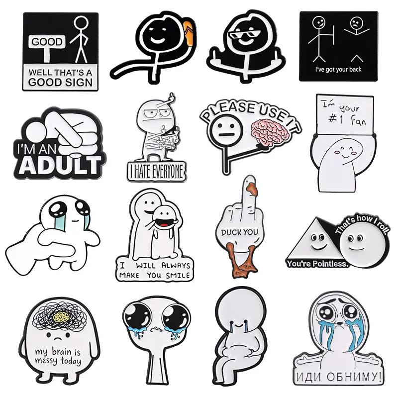 Funny Meme Stick Figure Enamel Badge Sarcastic Quote Pin Brooch Humor Cartoon Metal Lapel Pins Clothing Decor Jewelry Gift