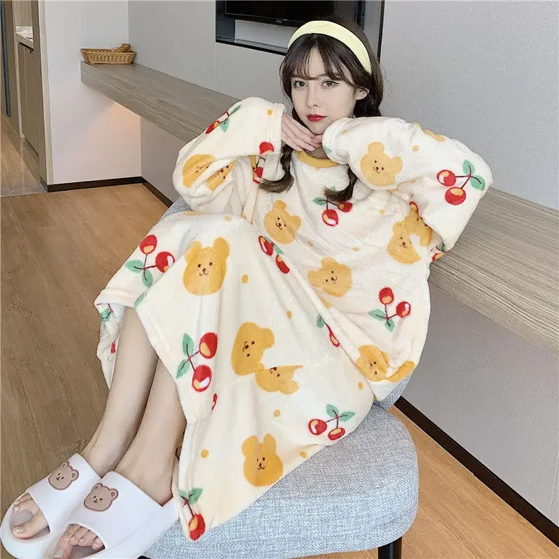 Coral Velvet Nightgown Women Autumn and Winter Thickened Flannel Cartoon Pajamas Raw Mid-Length Nightgown Long-Sleevedwomen