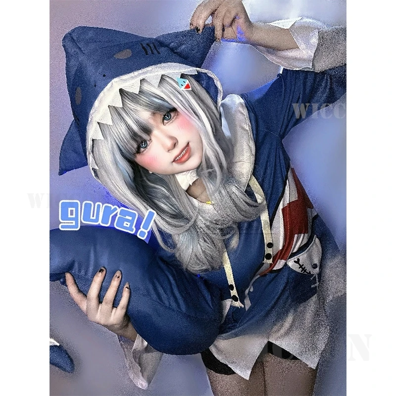 Vtuber Hololive Gawr Gura Cosplay Kostuum Schattige Haai Kostuum Hoodie Voor Vrouwen Halloween Youtuber Anime Staart Pruik Kostuum