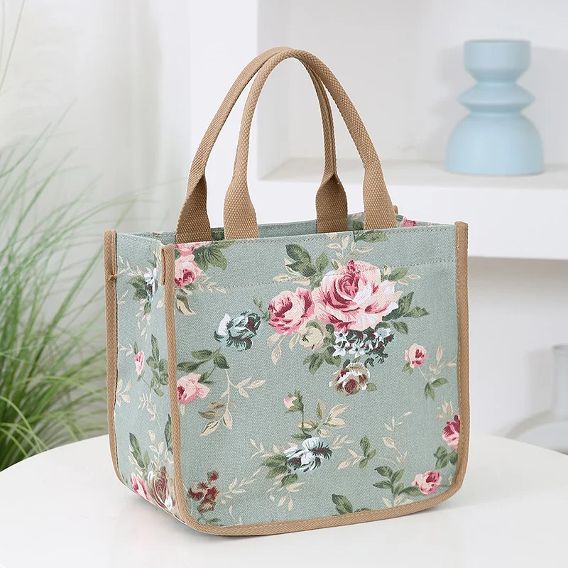 New floralPrint CanvasToteBagWithThickened MaterialTote bag.  Features A Zipper closure,front Pocket, as a Handbag Lunch box bag