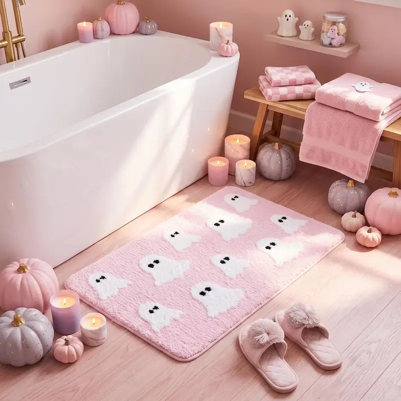 VIKAMA Cute Pink Ghost Bath Mat Water Absorb Anti-slip Rug Pastel Halloween Bathroom Shower Entry Home Decor Pad