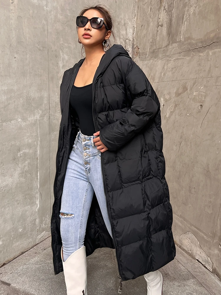 TWOTWINSTYLE Black Puffer Jacket Female Hooded Collar Long Sleeve Solid Minimalsit Zipper Winter Coat For Women Clothing Fashion