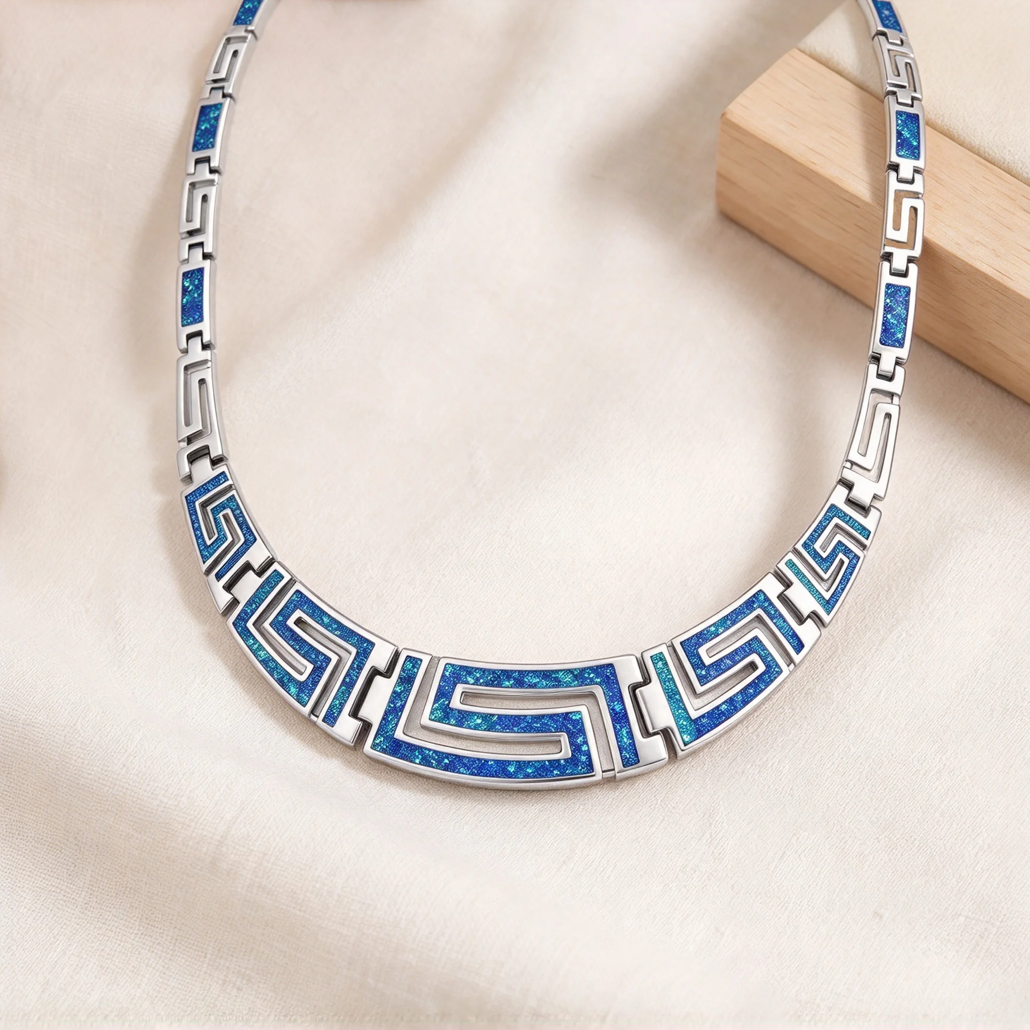 Blue Stylish V Shape Greek Meander Choker Opal Necklace for Women Geometric Pattern Collar Chain Statement Jewelry for Daily