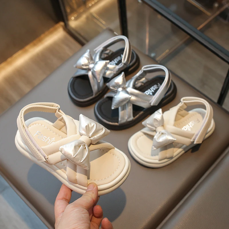 

Girl's Sandals Chunky Sliver Beige Stylish Hook-loop Children Sliders Beach Anti-slip Beautiful All-match Summer Kids Shoe 26-36