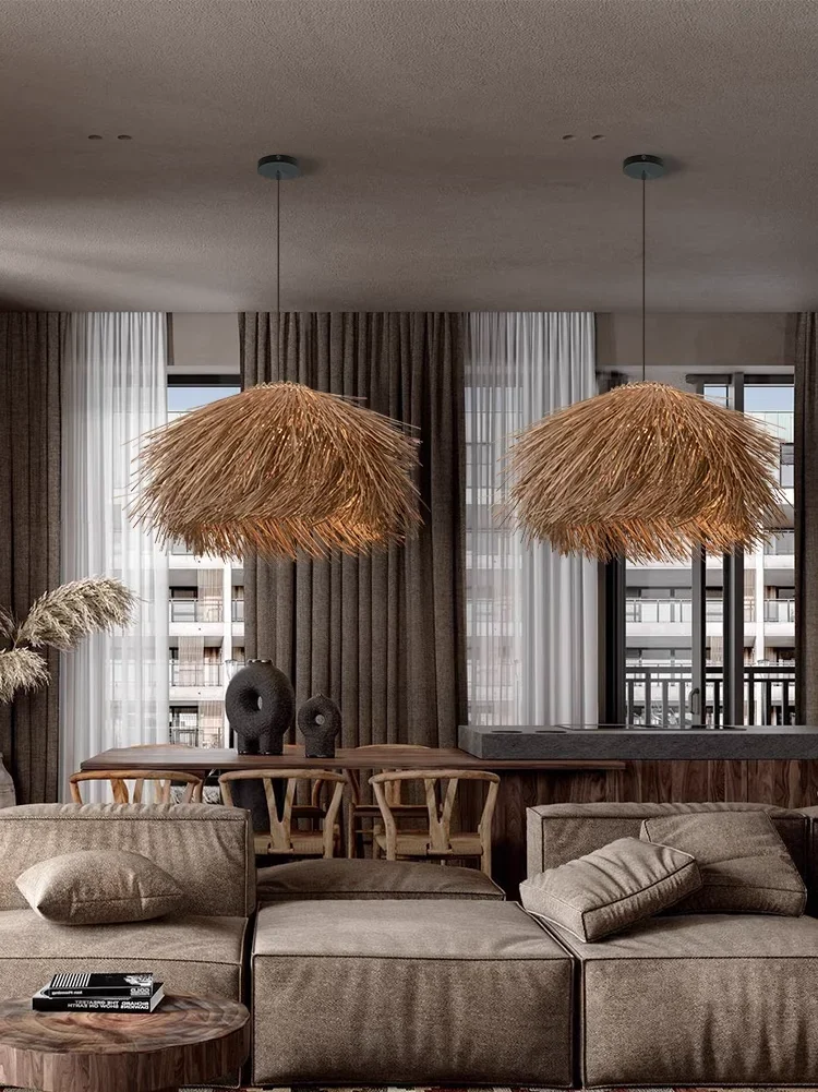 Vintage Braided Rattan Pendant Light Japanes Wabi-sabi pendant light restaurant luminaire suspendu home dining room lighting
