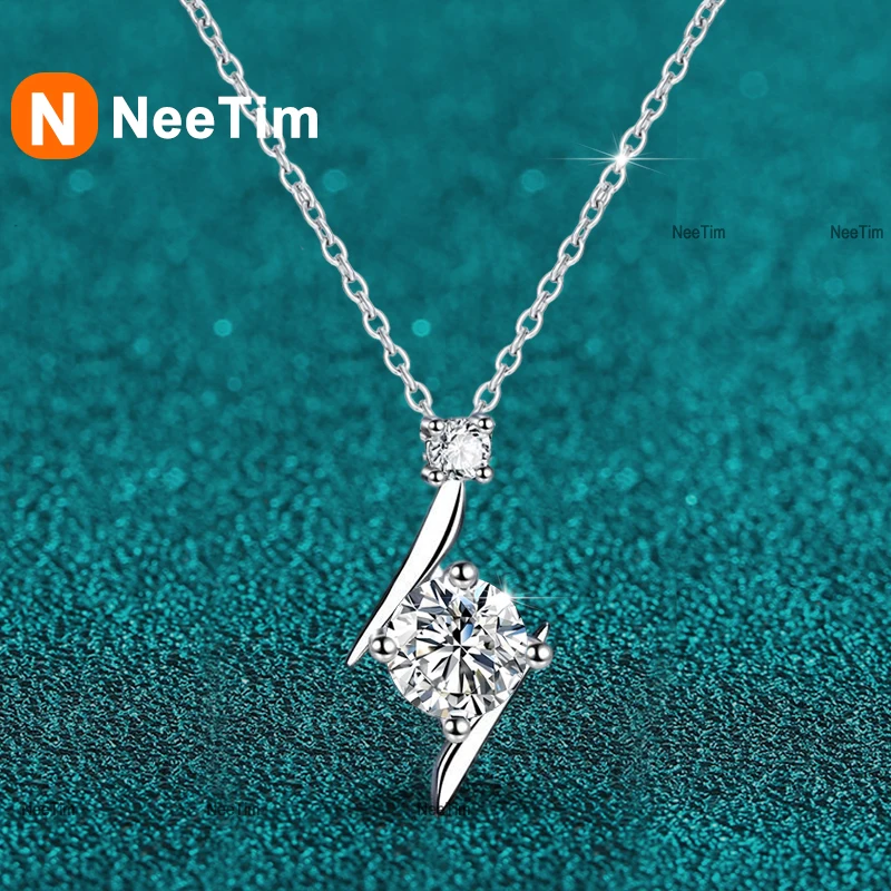 NeeTim 1ct Moissanite Necklace for Women s925 Sterling Silver with White Gold Plated Neck Chain Necklaces and Pendants Jewelry