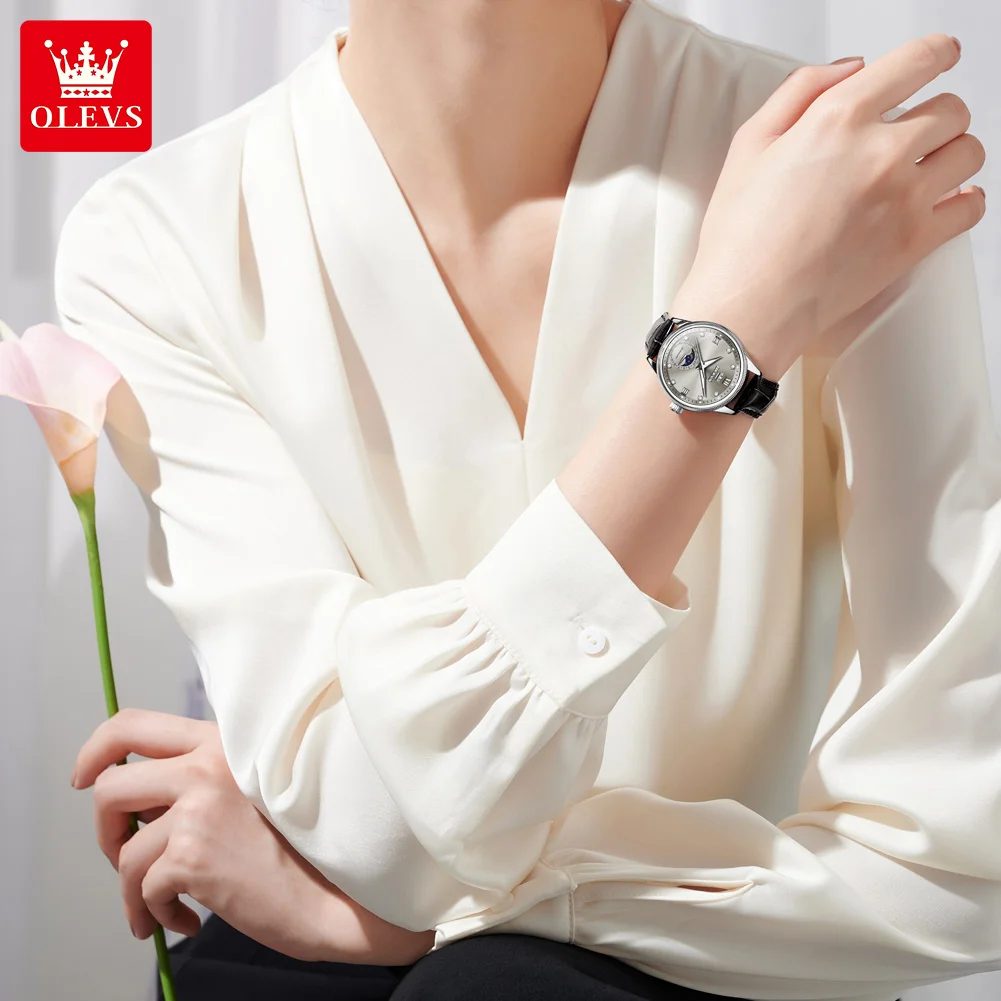 OLEVS 7039 Womens Watch Original Automatic Mechanical Wristwatch Leather Strap Reloj Mujer Waterproof Luminous Moon Phase Watch